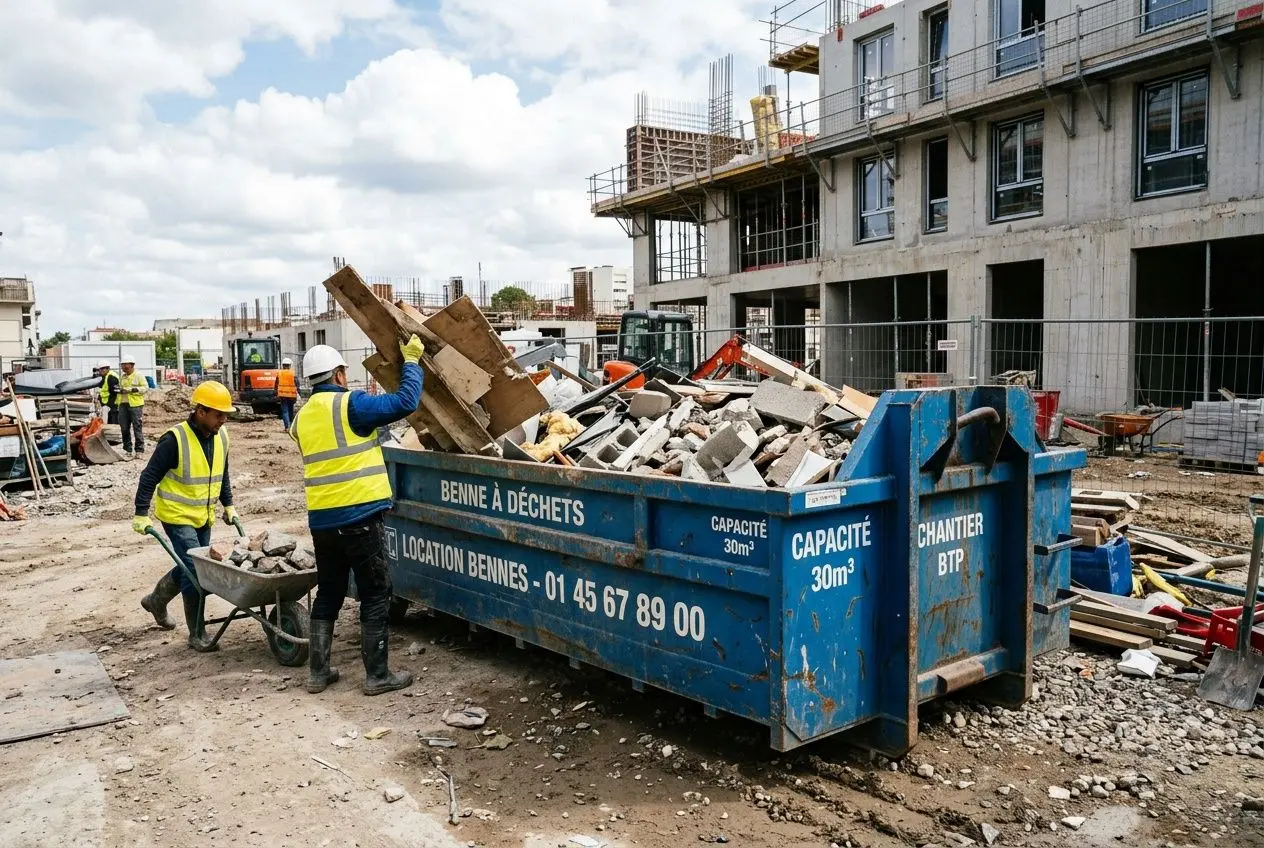 Benne de chantier remplie sur un site de construction