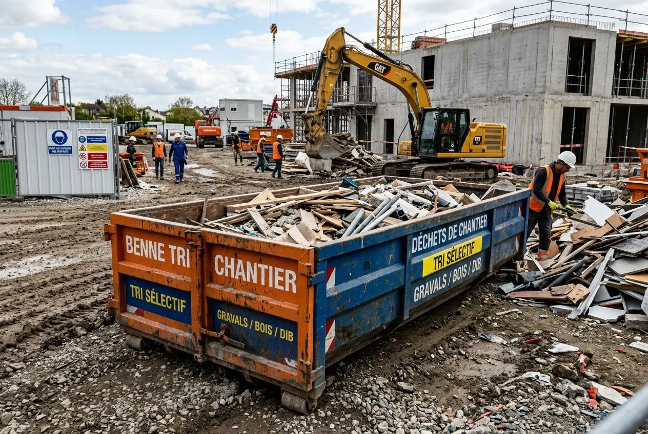 Benne de tri chantier bleue remplie de débris et bois sur un site de construction avec grues et ouvriers.