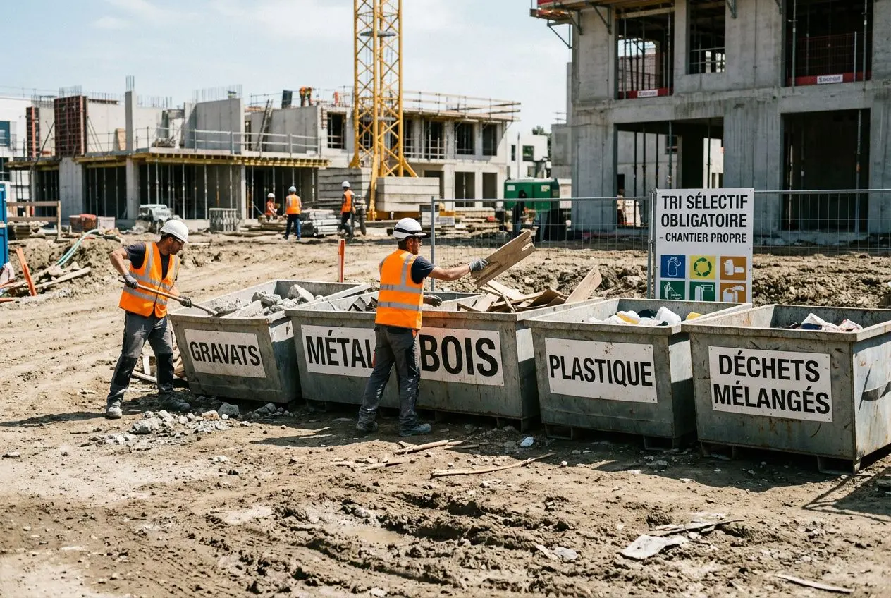 Benne de tri chantier sur un site de construction, avec des ouvriers en gilets orange triant gravats, métal, bois, plastique et déchets mélangés.