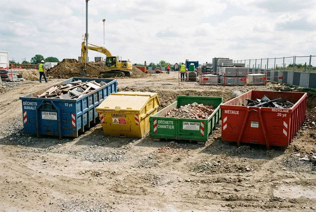 Bennes de tri chantier colorées sur un site de construction, contenant gravats, déchets et matériaux à trier, avec machines et ouvriers en arrière-plan.