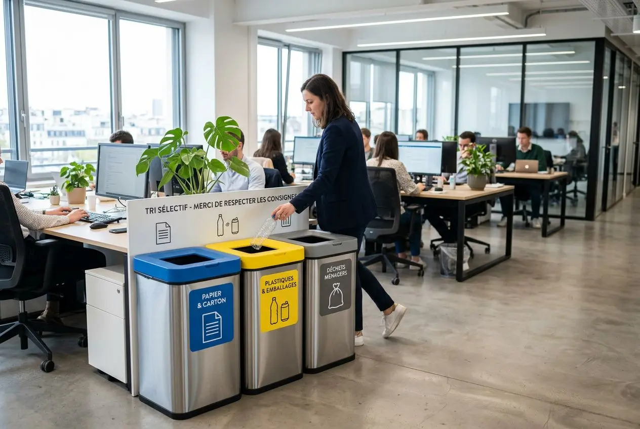 Bureau avec des poubelles de tri professionnelles colorées au premier plan et des collaborateurs travaillant à leurs postes en arrière-plan. intégrant des équipements tri sélectif professionnel.