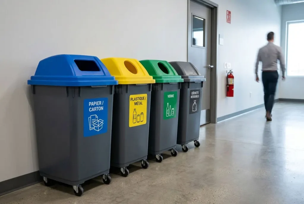 Cinq poubelles de tri sélectif professionnelles alignées le long du couloir : blue, jaune, vert, gris avec étiquettes “papier/carton”, “plastique et métal”, “verre”, “résidus ménagers”, sur roulettes. Équipements tri sélectif professionnel visibles.
