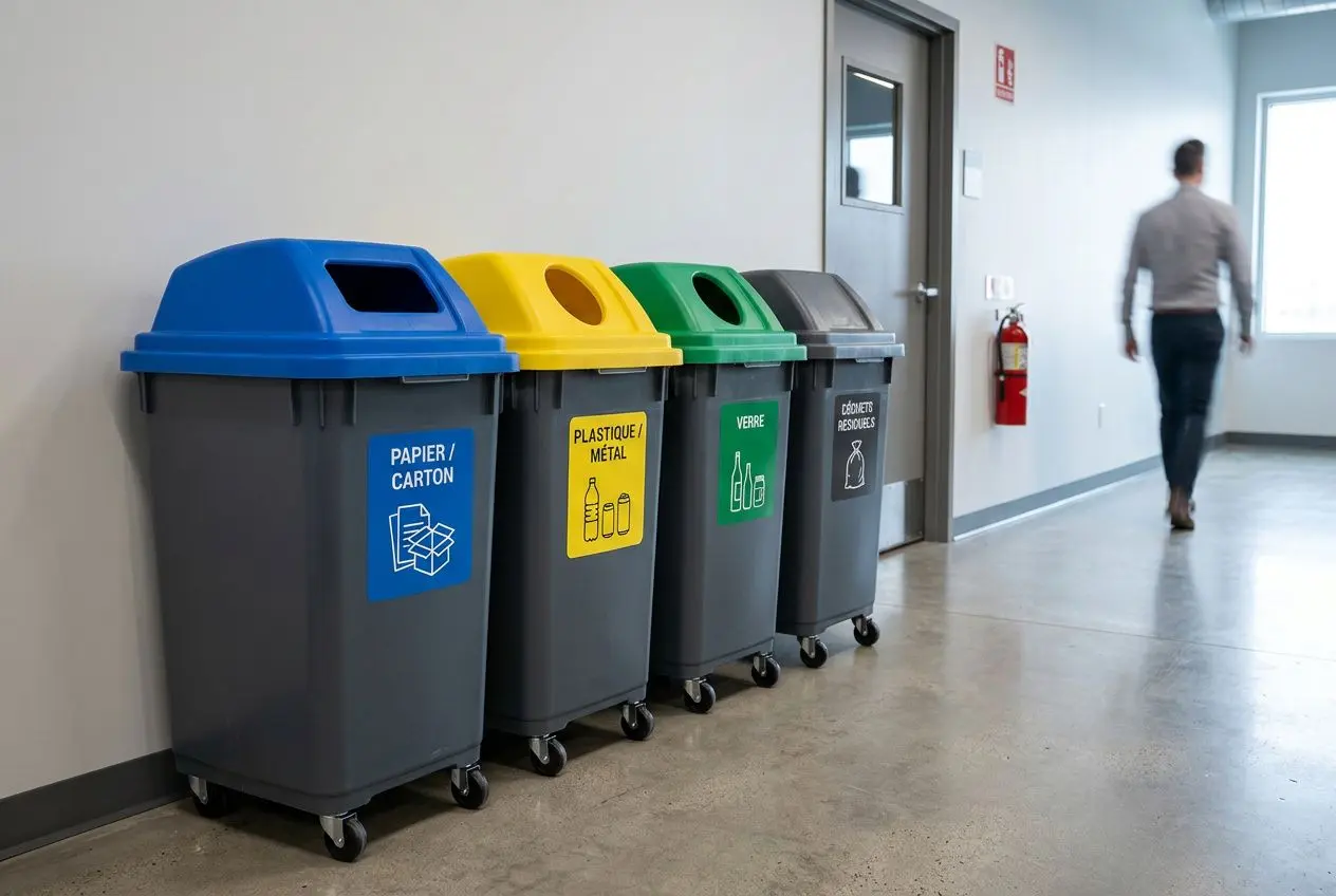 Cinq poubelles de tri sélectif professionnelles alignées le long du couloir : blue, jaune, vert, gris avec étiquettes “papier/carton”, “plastique et métal”, “verre”, “résidus ménagers”, sur roulettes. Équipements tri sélectif professionnel visibles.