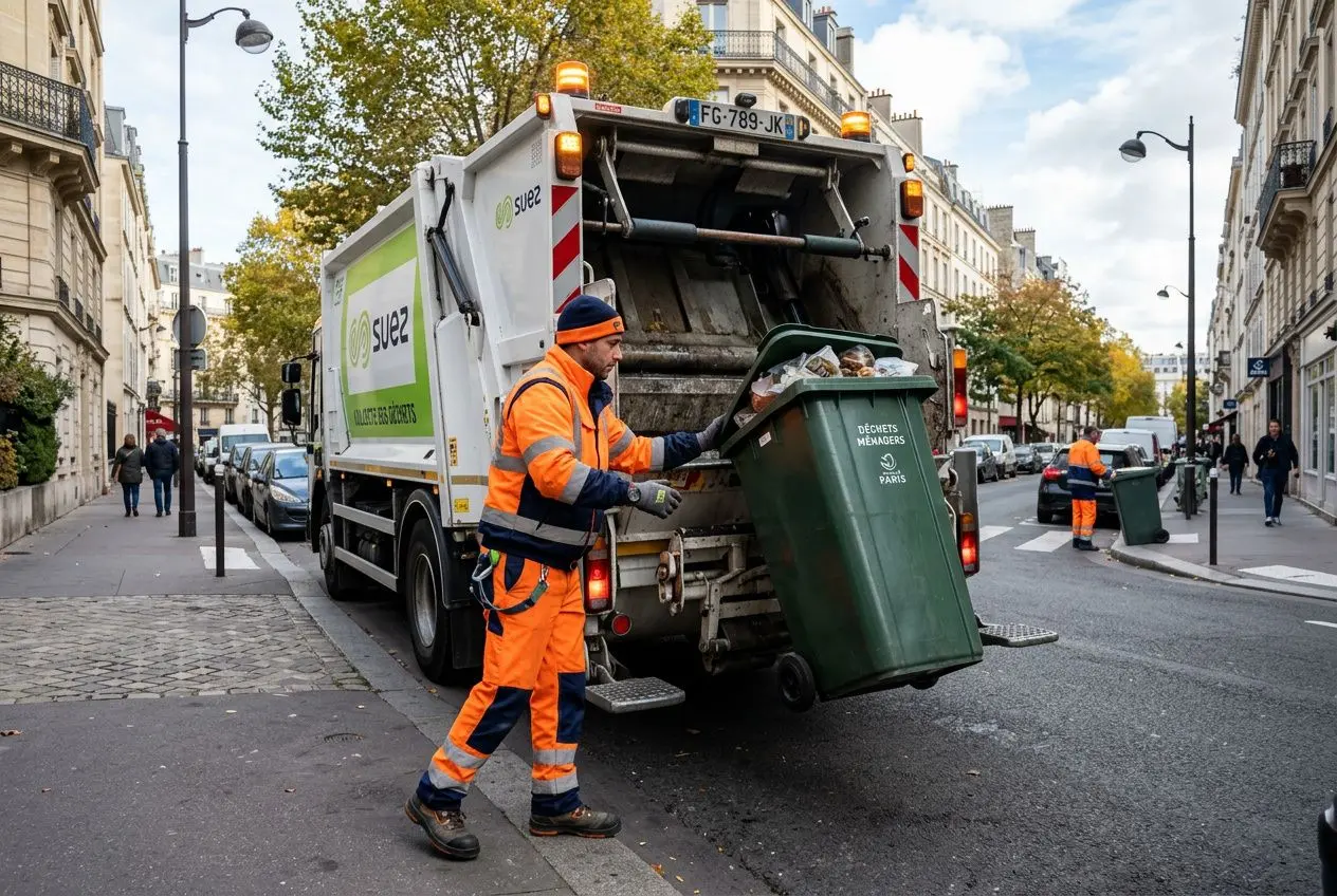 Collecteur de déchets en action: agent en jaune-orange déverseux à l’arrière d’un camion-poubelle, tri et collecte en milieu urbain.