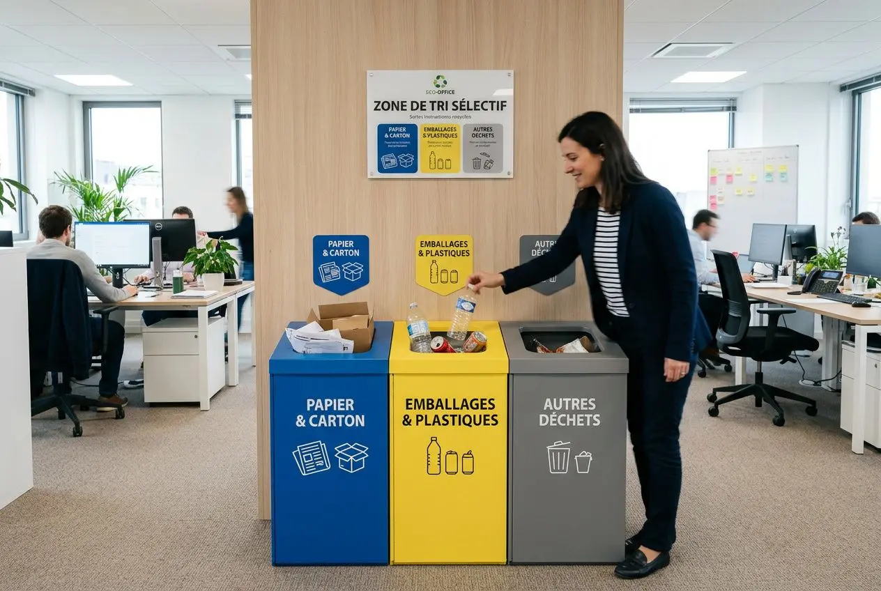 Corbeille de tri bureau bleu, jaune et gris sur un espace de travail partagé, avec personnes à l’arrière-plan et un panneau “ZONE DE TRI SÉLECTIF” au mur.