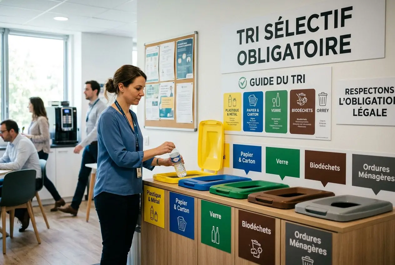 Personne devant une rangée de bennes de tri sélectif professionnelles colorées, près d’un mur affichant des consignes et un guide du tri.