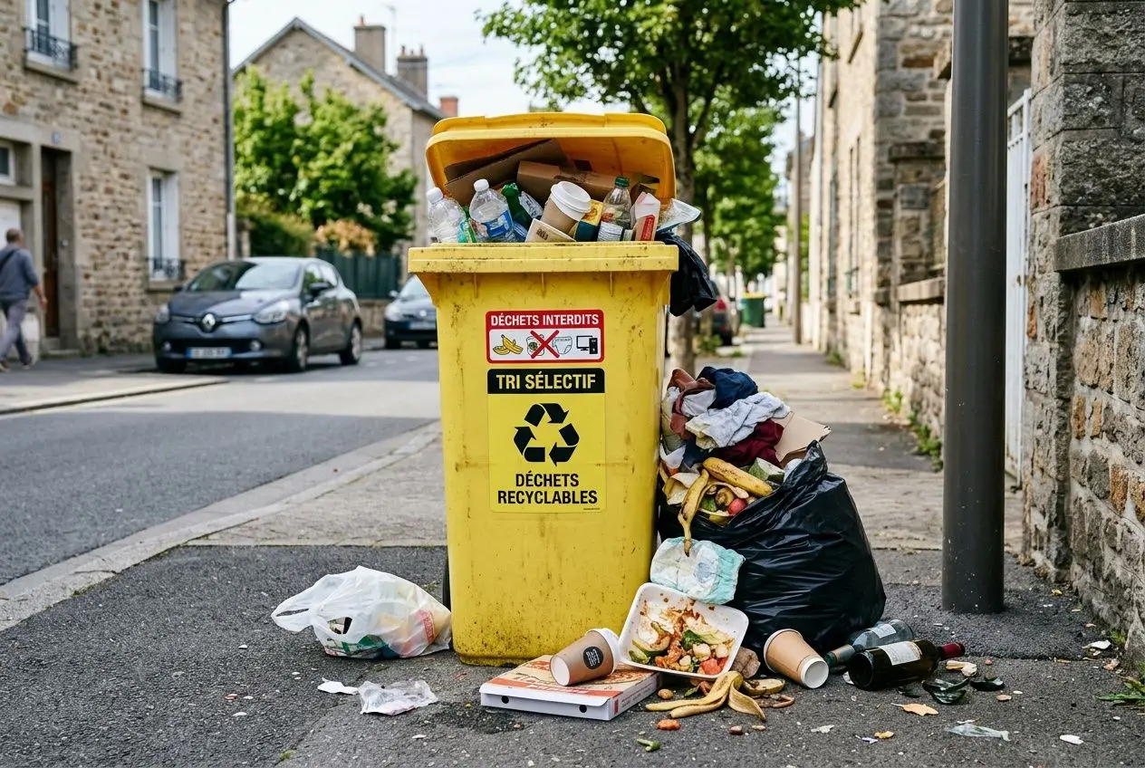 Poubelle jaune de tri sélectif débordante et autour, déchets non recyclables et emballages disposés sur le trottoir.