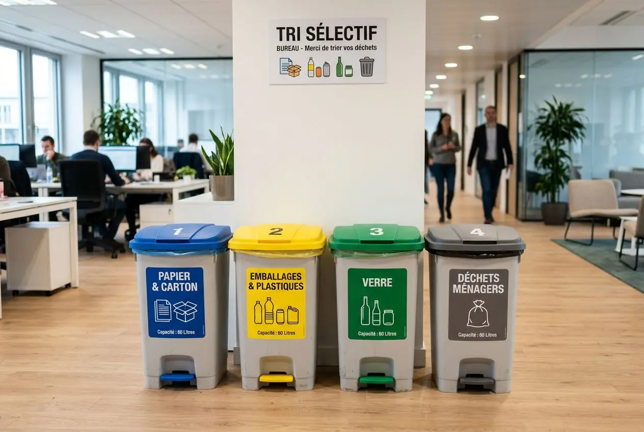 Quatre poubelles de tri de bureau alignées sous une signalétique “Tri Sélectif”, avec couleurs bleu, jaune, vert et gris, destinées à Papier & Carton, Emballages & Plastiques, Verre et Déchets ménagers.