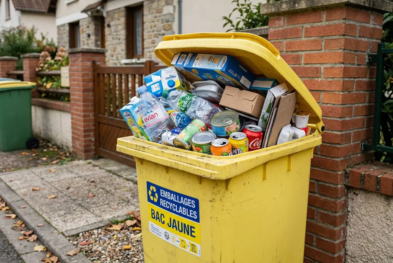 Tri sélectif poubelle jaune: conteneur jaune débordant de emballages recyclables et bouchages, posé devant une maison.