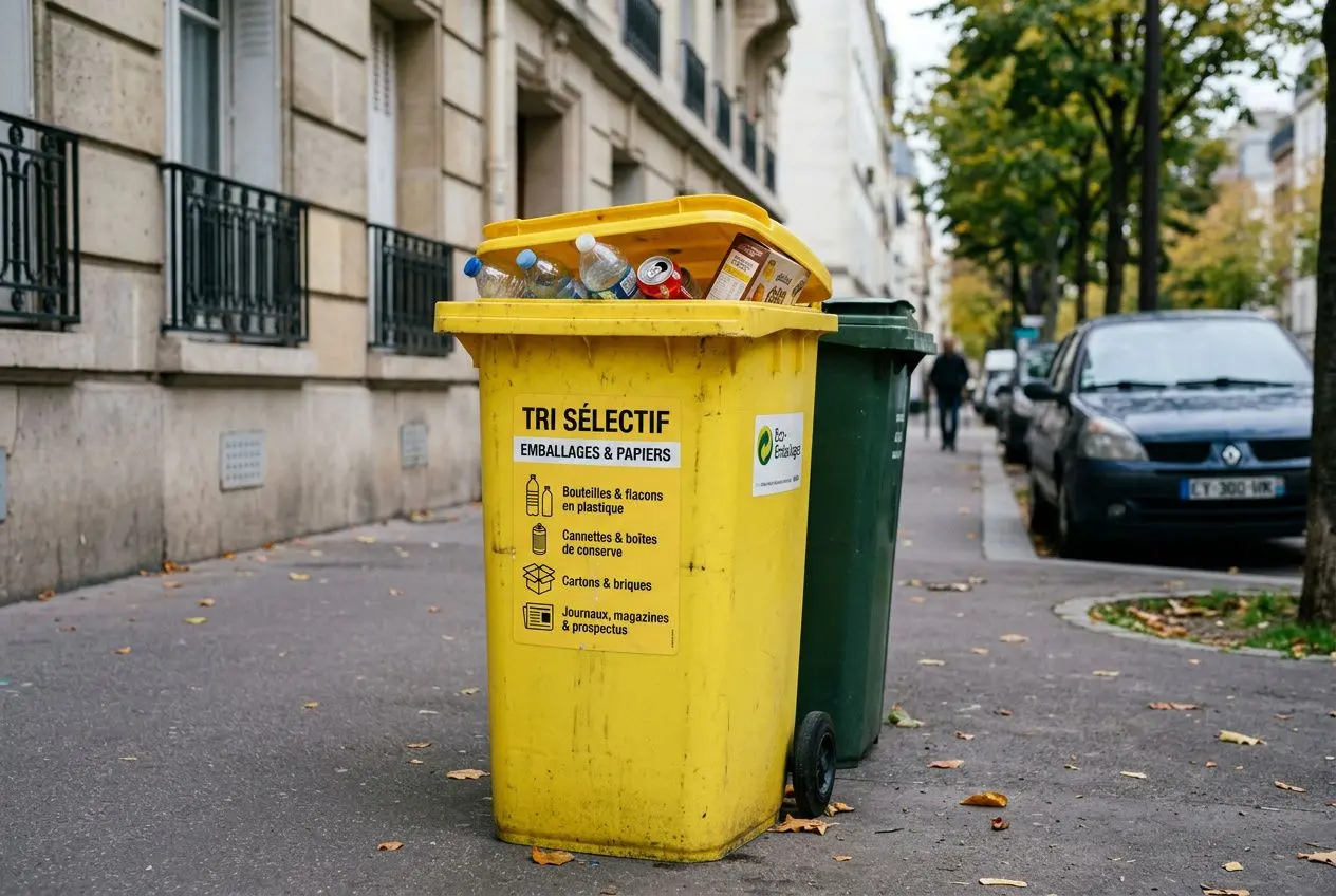 Tri sélectif poubelle jaune: poubelle à déchets recyclables sur rue, pleine d’emballages, avec notice d’usage.