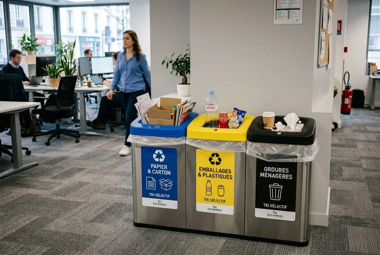 Trois bennes tri sélectif professionnelles dans un bureau: papier et carton, emballages et plastiques, et déchets ménagers, avec étiquettes colorées.