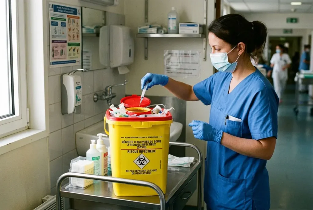Agent en infirmier/ère dans un couloir hospitalier, remplissant un collecteur dasri jaune au centre de soins, gants et masque. Bien gérer collecteur dasri et élimination sécurisée des déchets.