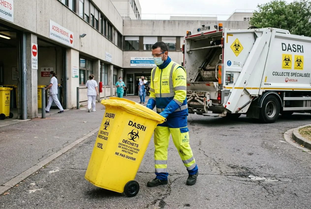 Agent en vêtement de sécurité devant une benne DASRI jaune, manipulant un conteneur infectieux prêt à être collecté par une camionnette DASRI étanchéité conforme.