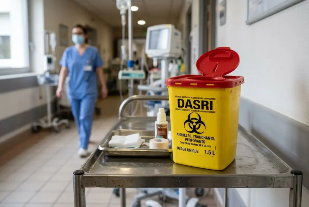 Boîte dasri jaune avec bouchon rouge sur chariot médical, infirmière en arrière-plan dans un couloir d’hôpital.