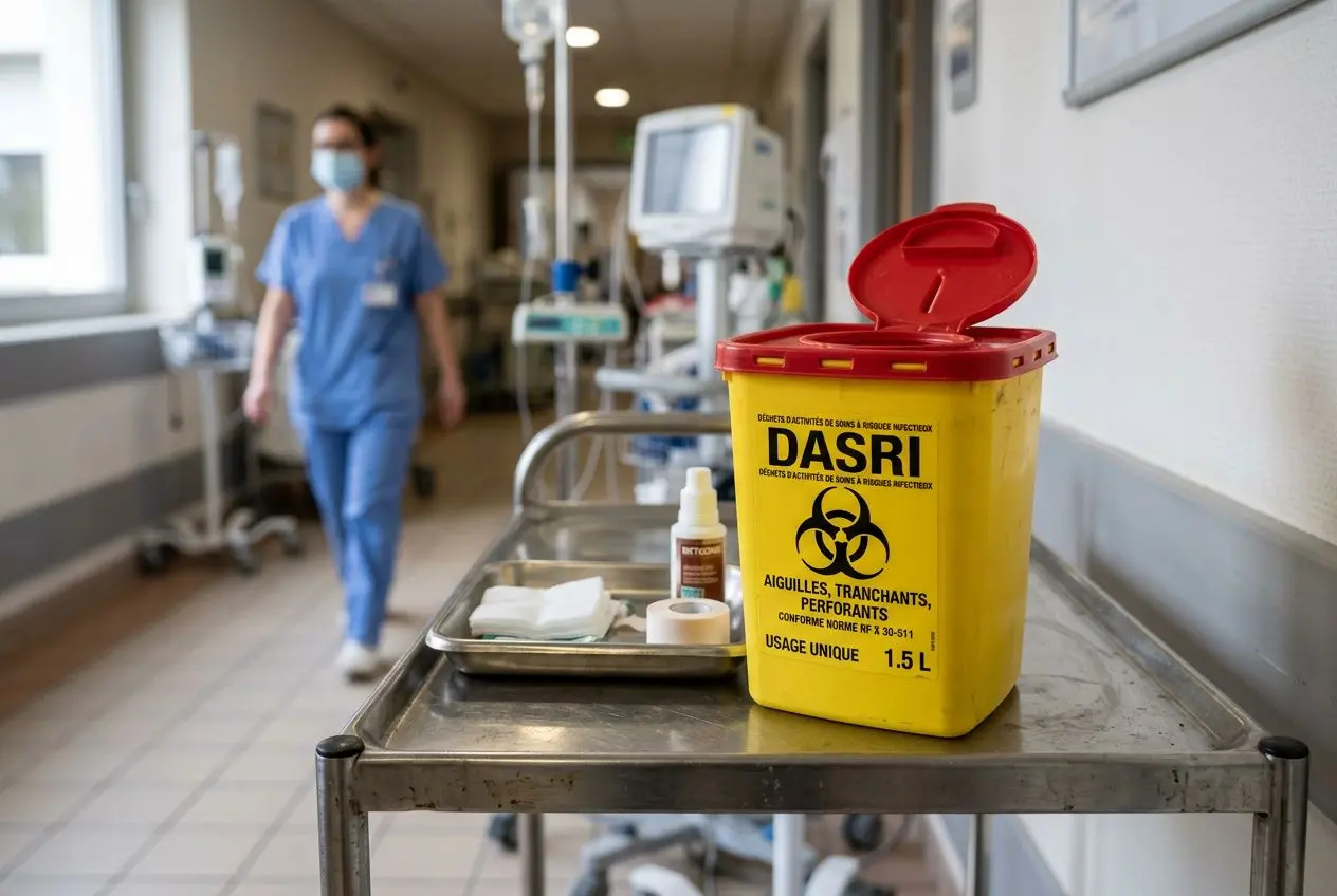 Boîte dasri jaune avec bouchon rouge sur chariot médical, infirmière en arrière-plan dans un couloir d’hôpital.