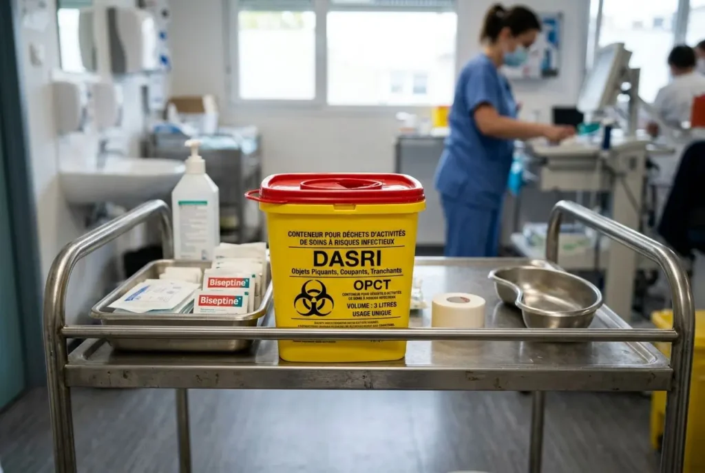 Boîte jaune OPCT DASRI sur un chariot médical, entourée de matériel de soins et d’équipements hospitaliers.