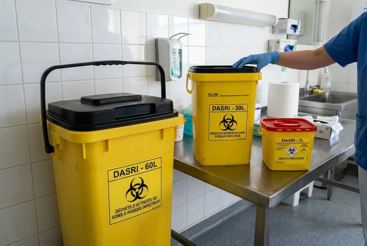 Boîtes DASRI jaunes de différents volumes sur table de laboratoire, symbole de danger biologique et étiquettes DASRI. Boîte opct dasri intégrée naturellement dans le cadre d’un guide sur les collecteurs et la sécurité des déchets médicaux.
