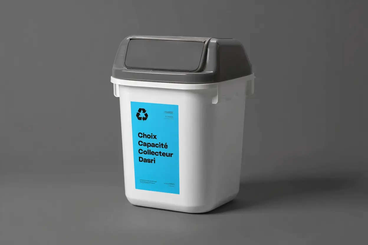 Choix de capacité du collecteur DASRI: bocal blanc avec couvercle gris et étiquette bleue indiquant le choix de capacité collecteur DASRI.