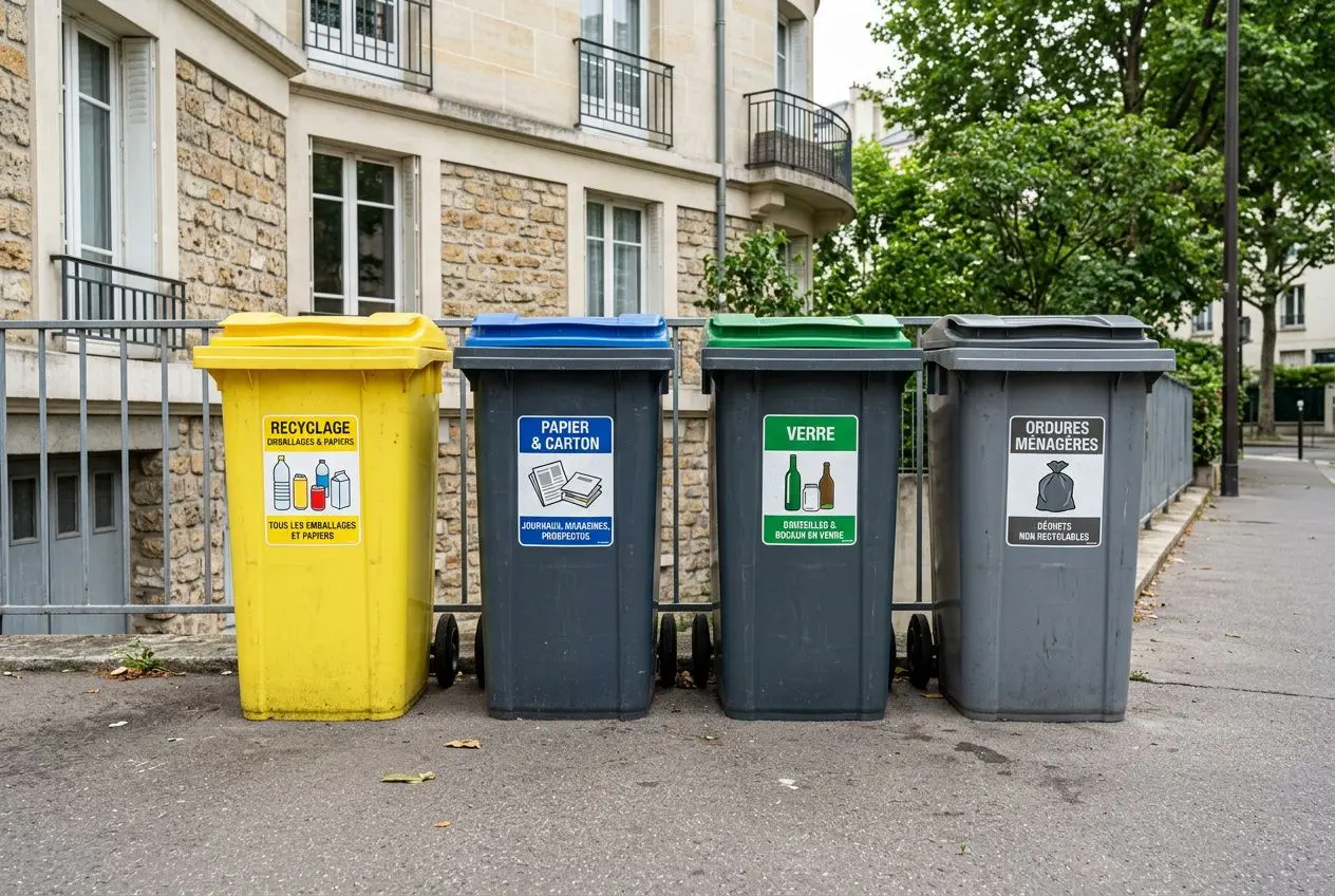 Code couleur des conteneurs poubelles jaunes, bleus, verts et gris alignés dans la rue, illustrations indiquant le tri.