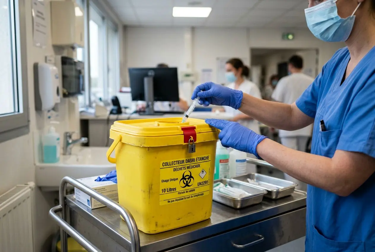 Collecteur DASRI étanchéité conforme en pharmacie hospitalière, seringue prêt à être scellé dans le conteneur jaune de déchets médicaux