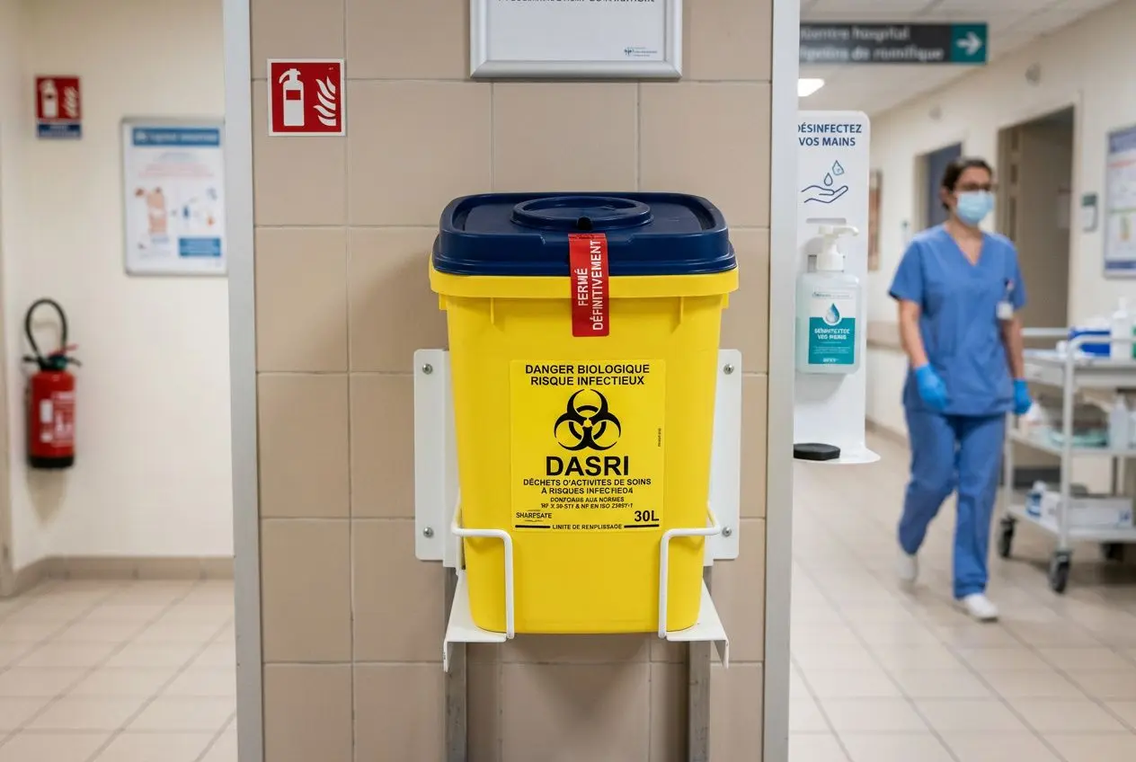Collecteur DASRI jaune à déchetterie, marquage couleur et symboles de danger biologique, posé sur support mural dans un établissement de soins.