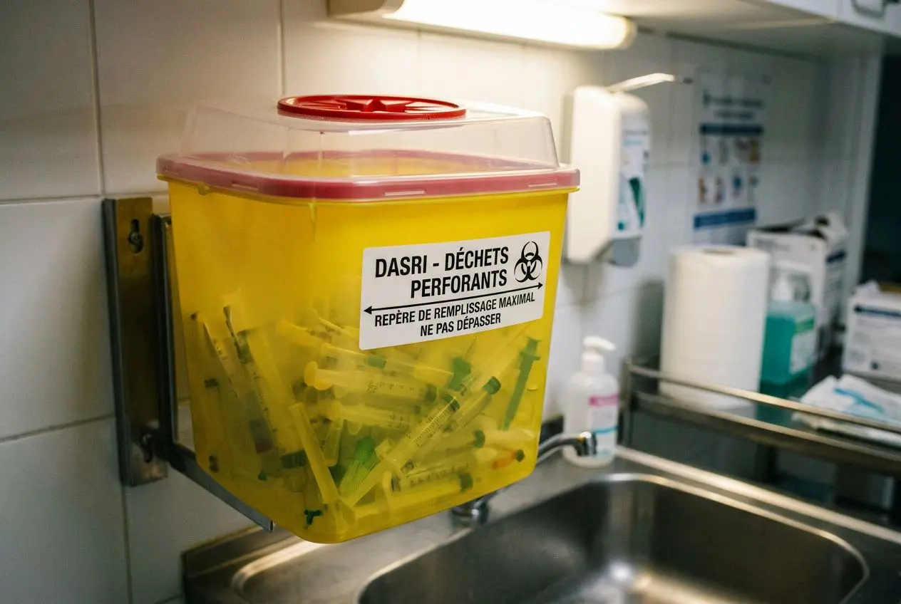 Collecteur DASRI jaune à fine et perforants, marquage couleur et repères obligatoires visibles sur le conteneur dans une salle médicale.