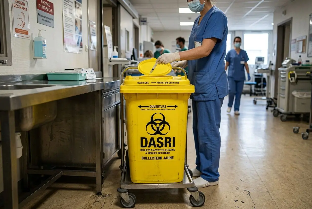 Collecteur DASRI jaune avec marquage couleur et biohazard, utilisé dans un hôpital pour déchets médicaux à risques infectieux, prêteur et repères visibles.