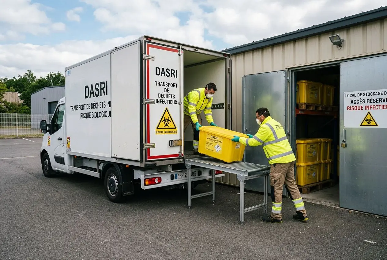 Deux agents en combinaison et gants déchargent un conteneur jaune du camion DASRI, prêt pour le tri et l’élimination des déchets d’activités de soins à risques infectieux. Protocole dasri illustré.