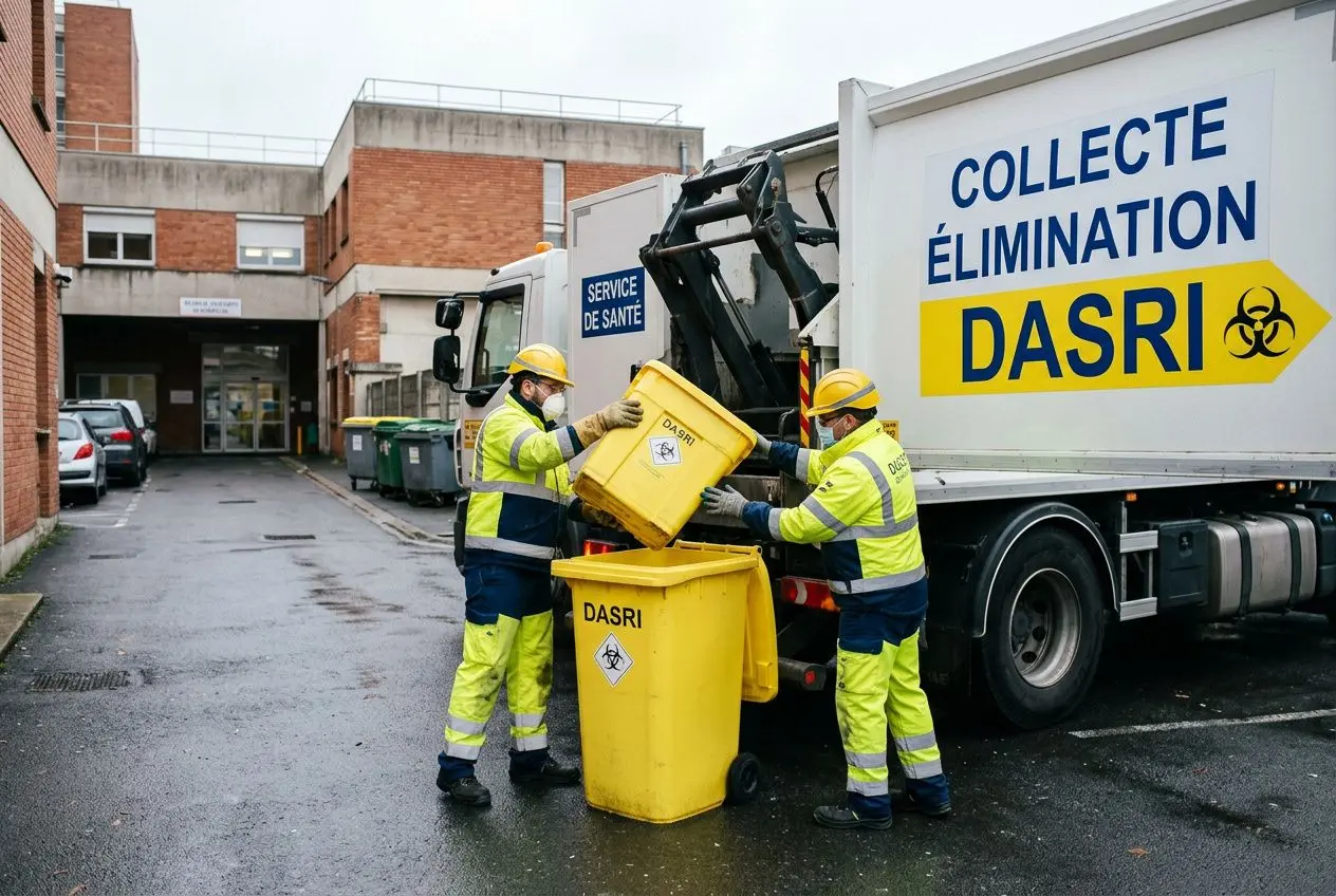 Deux agents en tenues de sécurité déchargent un bac DASRI dans une benne de collecte et d’élimination des déchets d’activités de soins à risques infectieux. Bien gérer collecteur dasri.