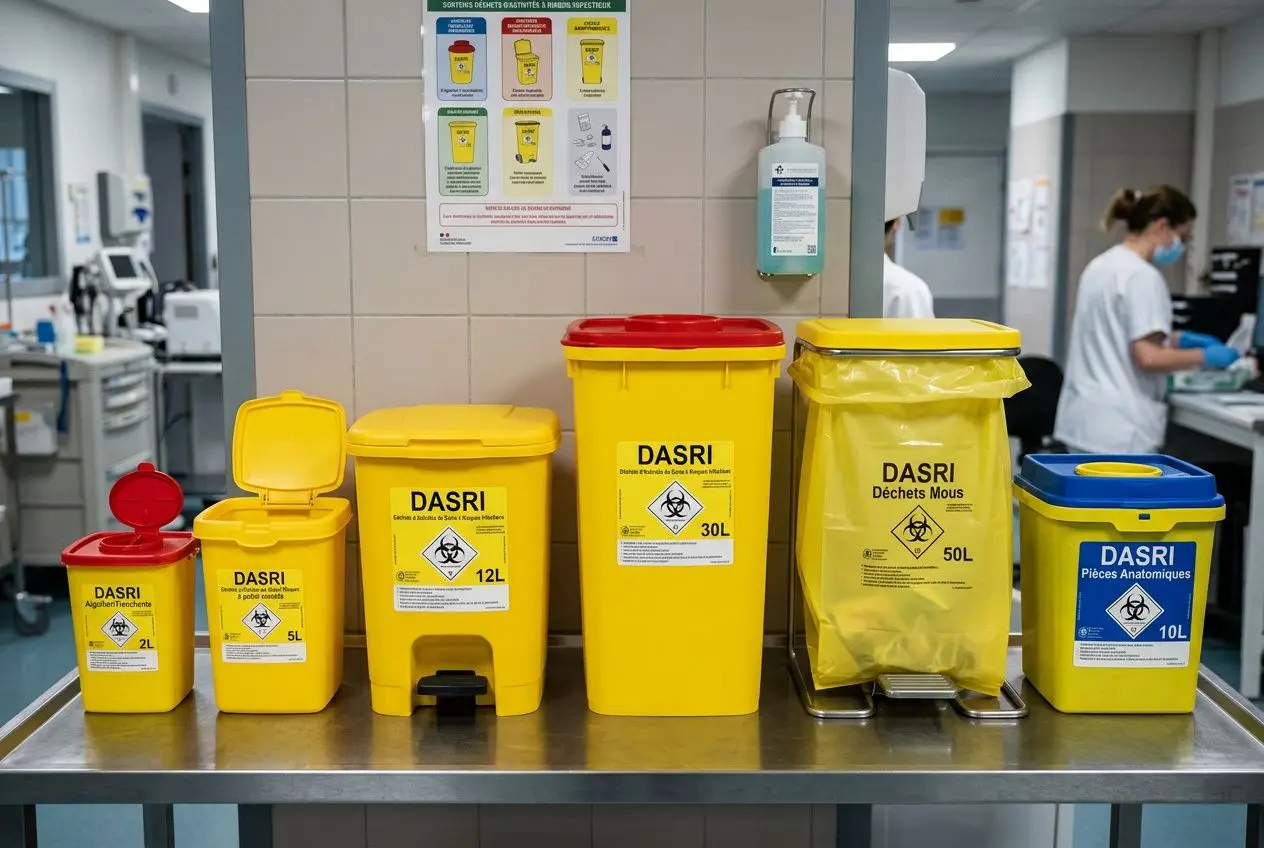 Différence entre collecteurs dasri : dispositifs jaunes et bleus de collecte DASRI en milieu hospitalier sur une table, avec pictogrammes et étiquettes.
