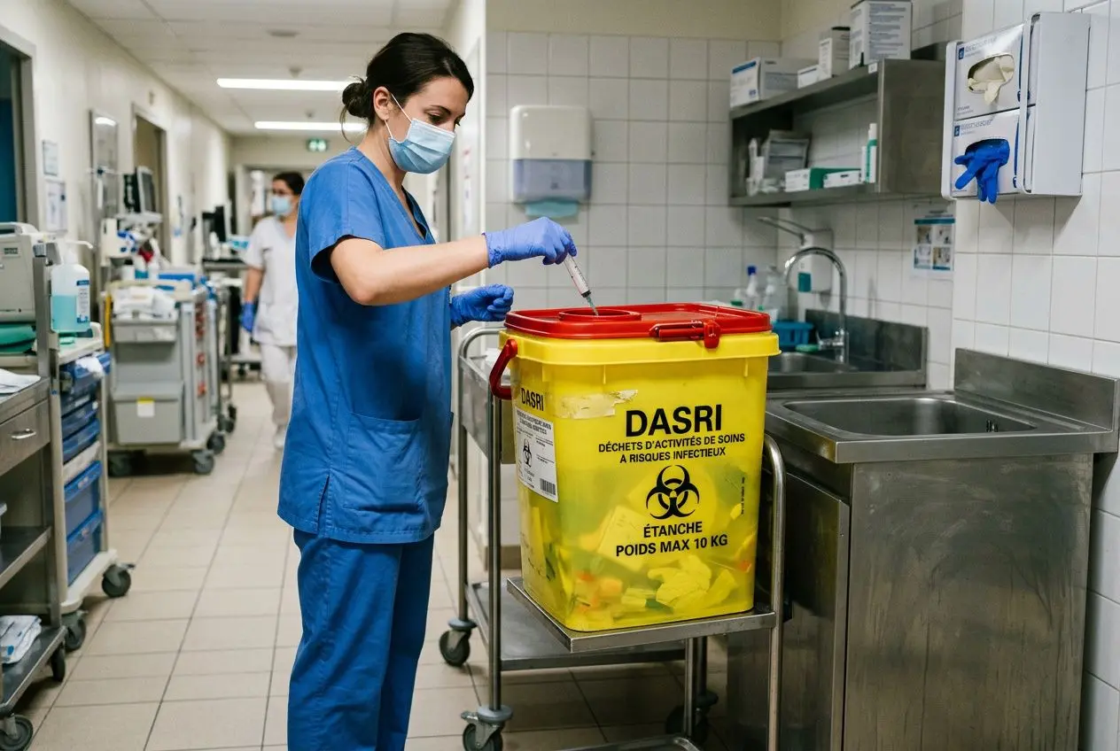 Infirmière en bleu avec masque, préparant un DASRI étanche, collecte et transport sûrs en hôpital. Collecteur dasri étanchéité conforme utilisé.