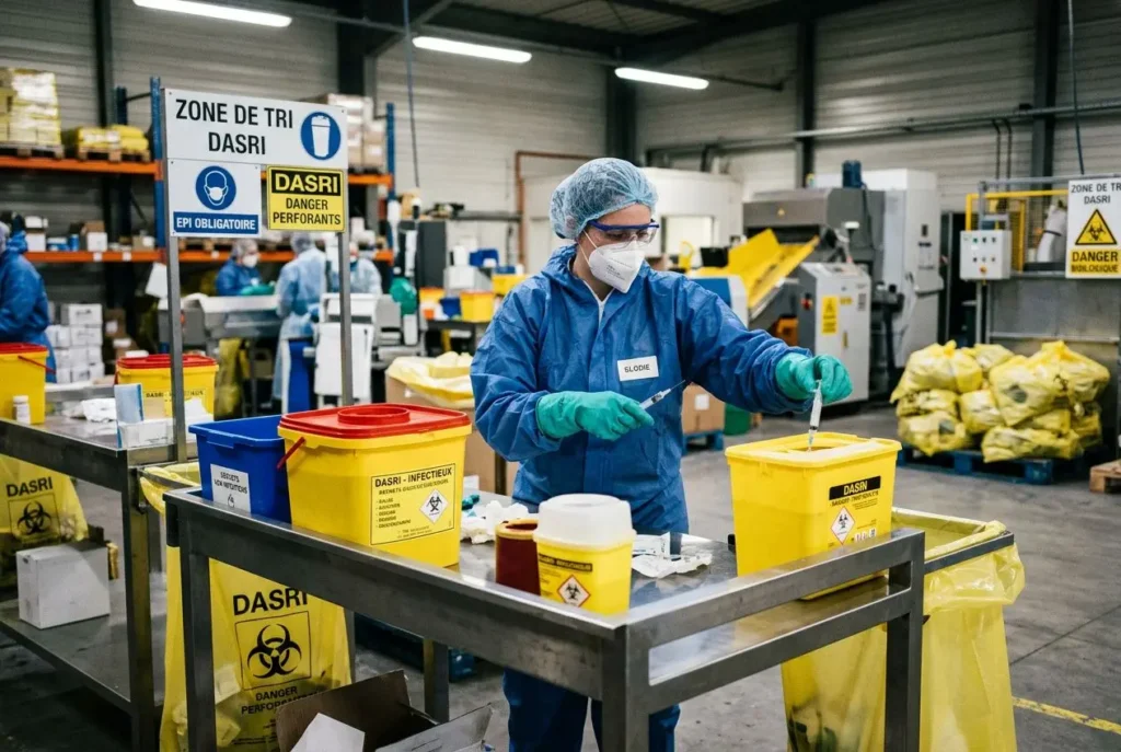 Opérateur en EPI trie et conditionne des déchets d'activités de soins à risques infectieux selon le protocole dasri, sur table de tri.