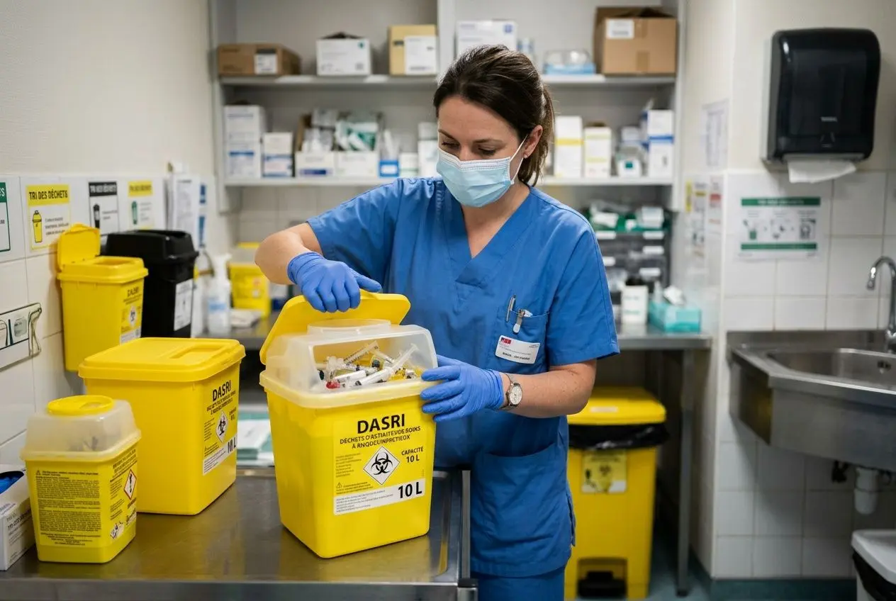 Personne médicale en blouse et masque utilisant un collecteur DASRI jaune de 10 L pour déchets médicaux dans une pharmacie/centre de soins. Capacité collecteur dasri visible.
