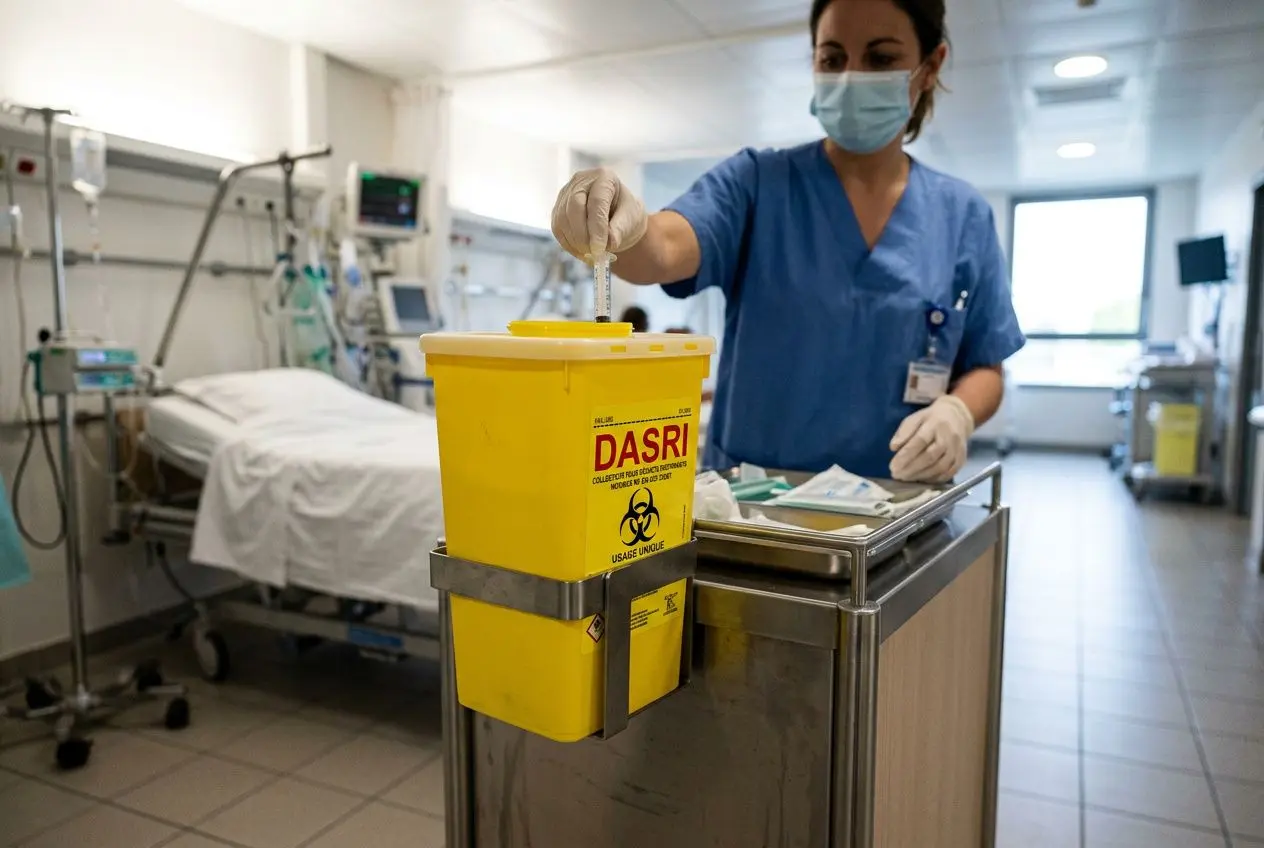 Personnel médical déposant une aiguille dans une boîte jaune DASRI en milieu hospitalier, près d’un chariot et d’un lit médicalisé. boîte opct dasri intégrée naturellement.