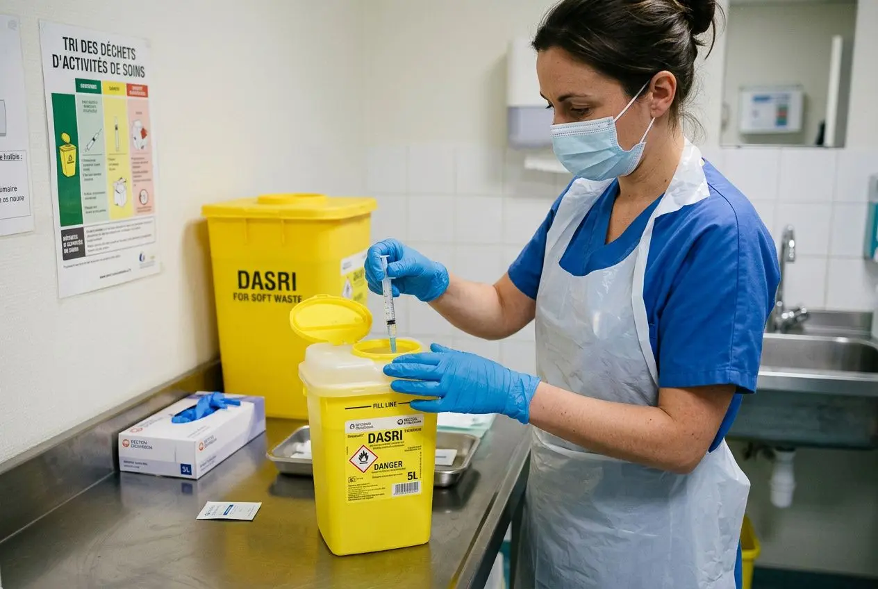 Personnel soignant utilisant un collecteur dasri jaune, remplissant les déchets d’activités de soins à risques infectieux en laboratoire. Bien gérer collecteur dasri.