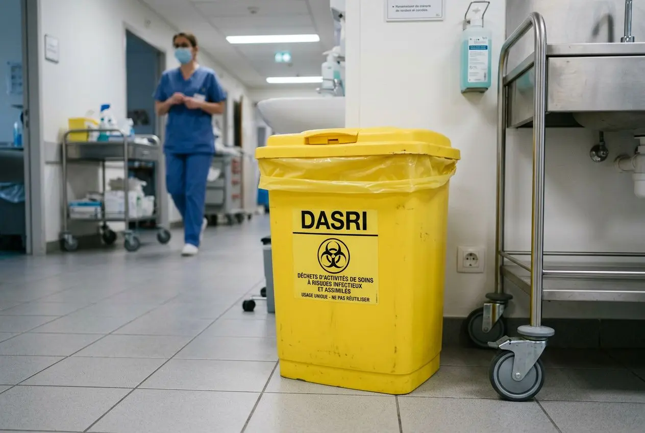 Seau jaune DASRI marqué déchets d’activités de soins à risques infectieux dans un couloir d’hôpital, infirmier en arrière-plan. Protocole dasri évoqué.