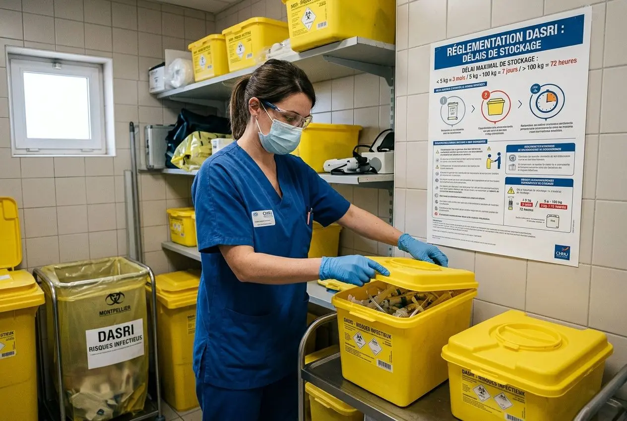 Agent en bleu manipulant un collecteur DASRI jaune, dans une zone de tri avec panneau de réglementation DASRI au mur.