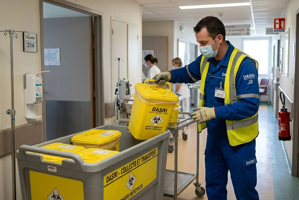 Agent portant masque et gilet réfléchissant, manipulant un container jaune DASRI dans un couloir d’hôpital, tri et collecte des déchets d’activités de soins à risque infectieux. Gestion dasri.