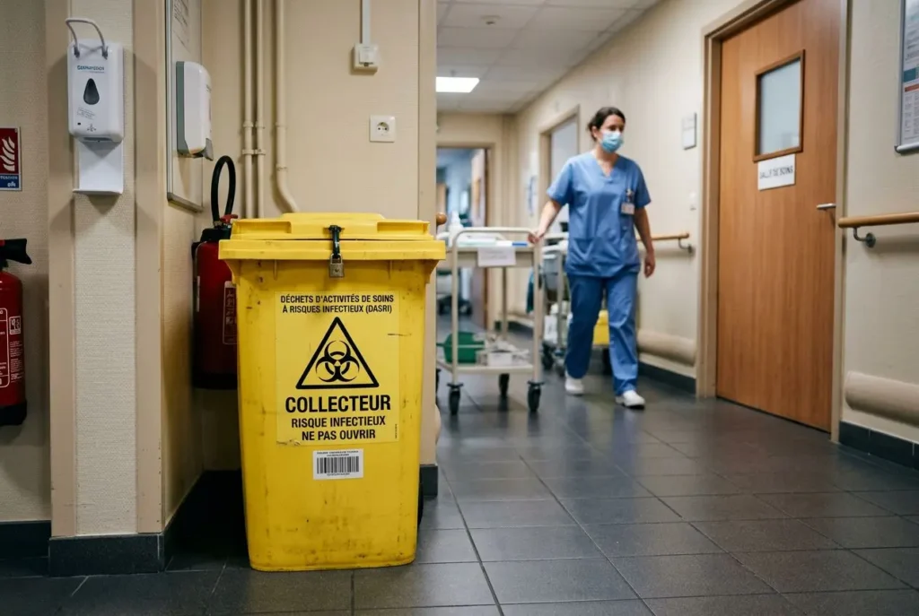 Cendrier jaune DASRI en milieu hospitalier posé près du mur, médecin en blouse et masque se dirigeant dans un couloir.