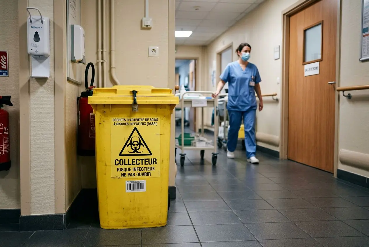 Cendrier jaune DASRI en milieu hospitalier posé près du mur, médecin en blouse et masque se dirigeant dans un couloir.