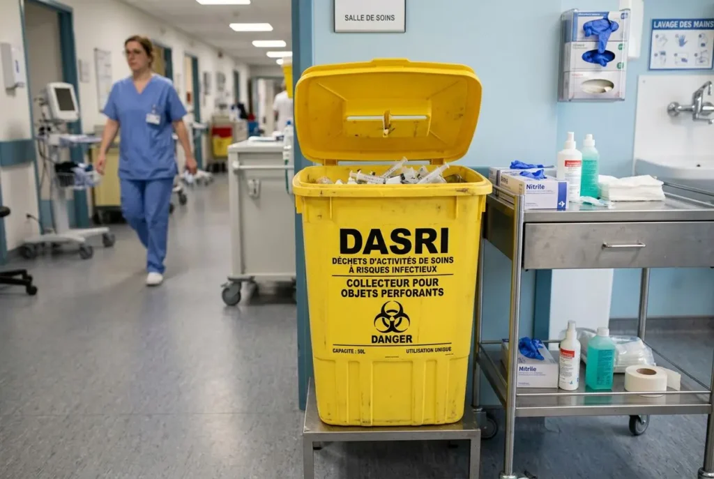 Conteneur DASRI jaune en salle de soins, déchets d'activités de soins à risques infectieux prêt à être évacué. signification du terme dasri mentionnée.