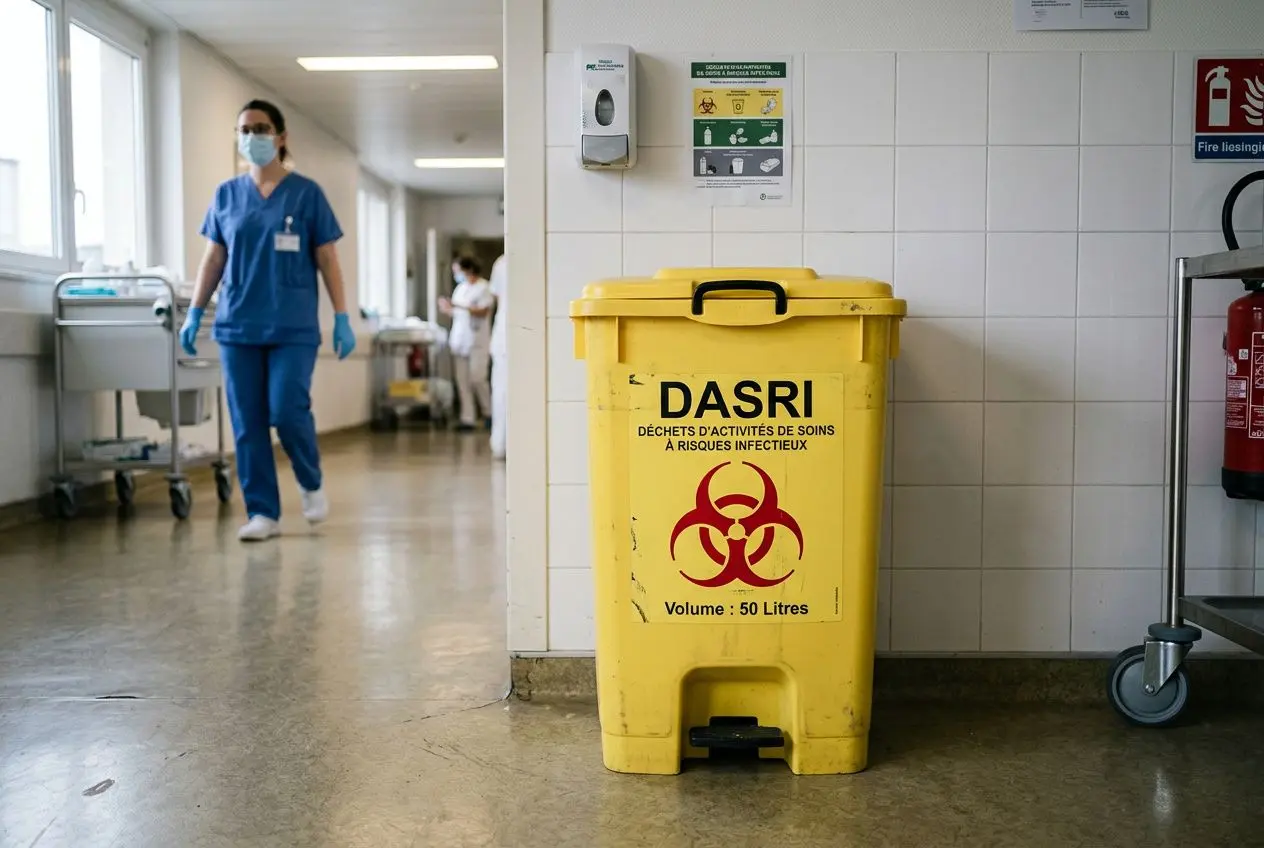 Cubo DASRI jaune dans un couloir d hôpital; infirmière en tenue médicale passe en arrière-plan, chariot et murs sanitaires visibles. Norme réglementation collecteur dasri intégrée.