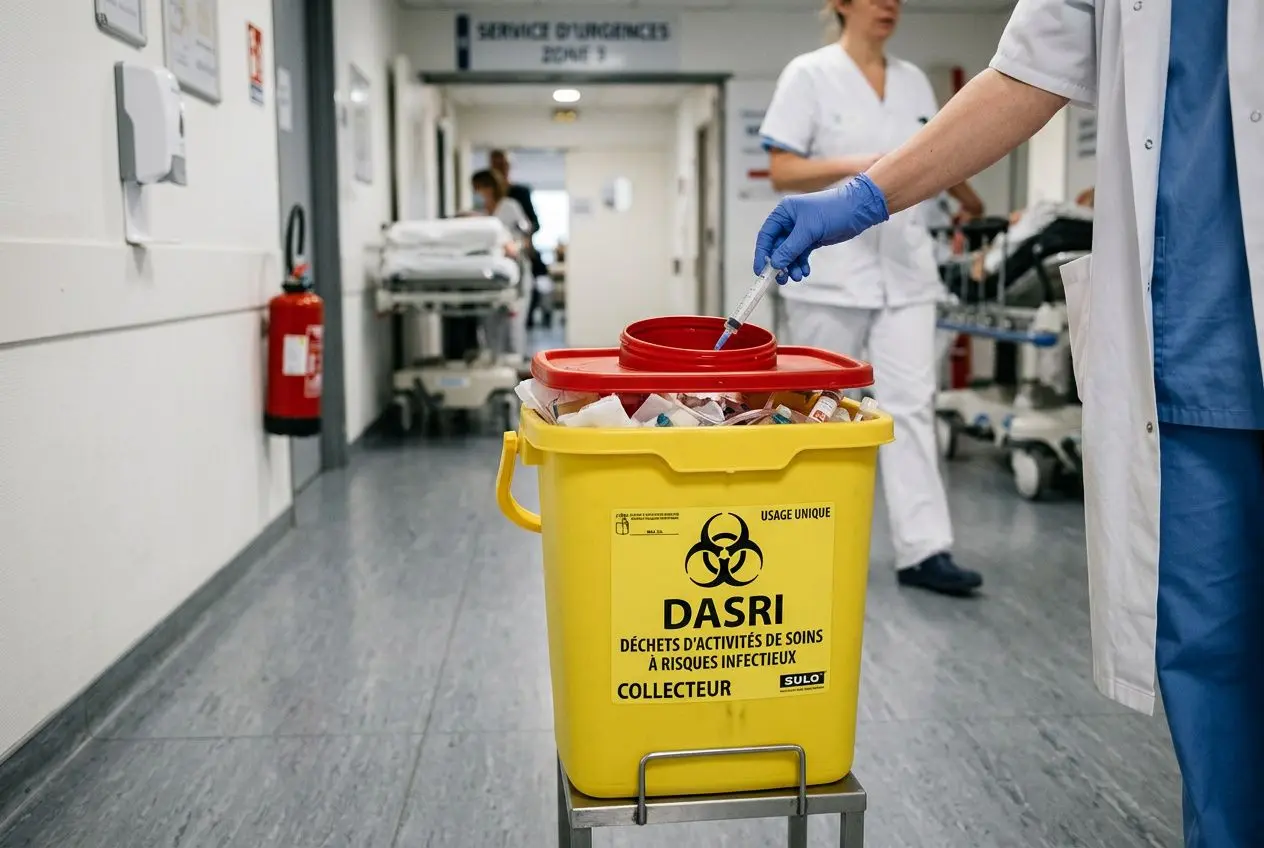 Cuvette DASRI jaune prête à collecte avec bouchon rouge et déchets, infirmier en arrière-plan dans une unité de soins. volume d'une poubelle dasri mentionné.