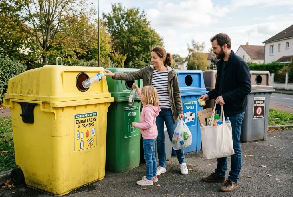 Famille jetant ses déchets dans des bacs de collecte sélective colorés, guidée par une consigne de tri