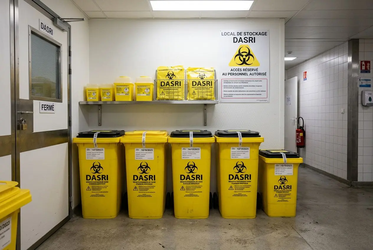 Gestion dasri: locaux de stockage et contenants jaunes de déchets d’activités de soins à risque infectieux dans une zone sécurisée.