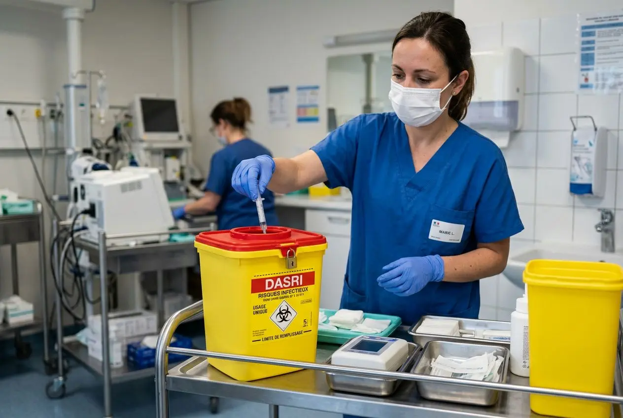 Infirmière en blouse et masque manipule un collecteur DASRI jaune dans une salle hospitalière.