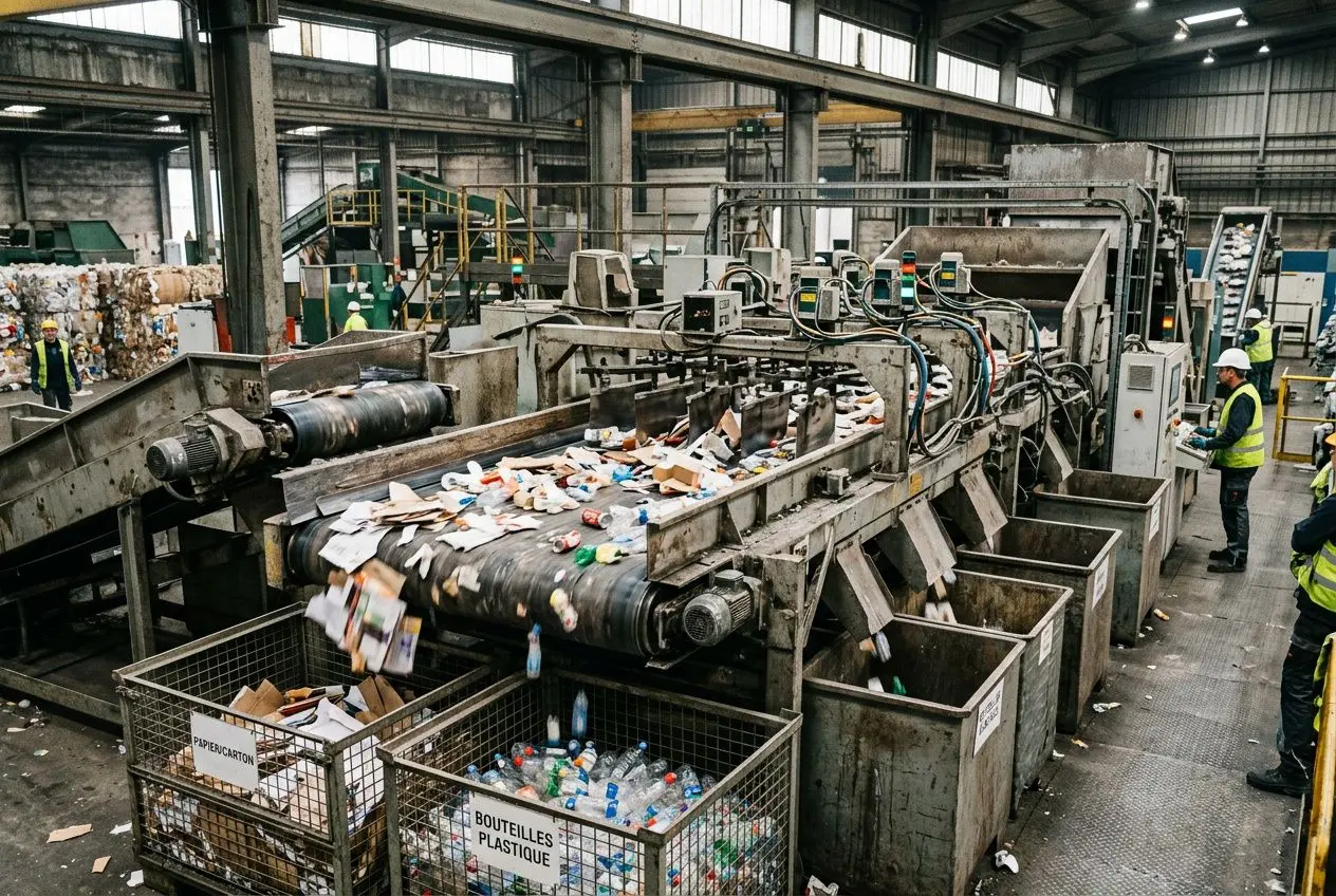Machines et convoyeur dans une installation de tri des déchets, visibles avec des bennes remplies de plastiques et papiers. qu'est-ce qu'un équipement de tri est abordé.
