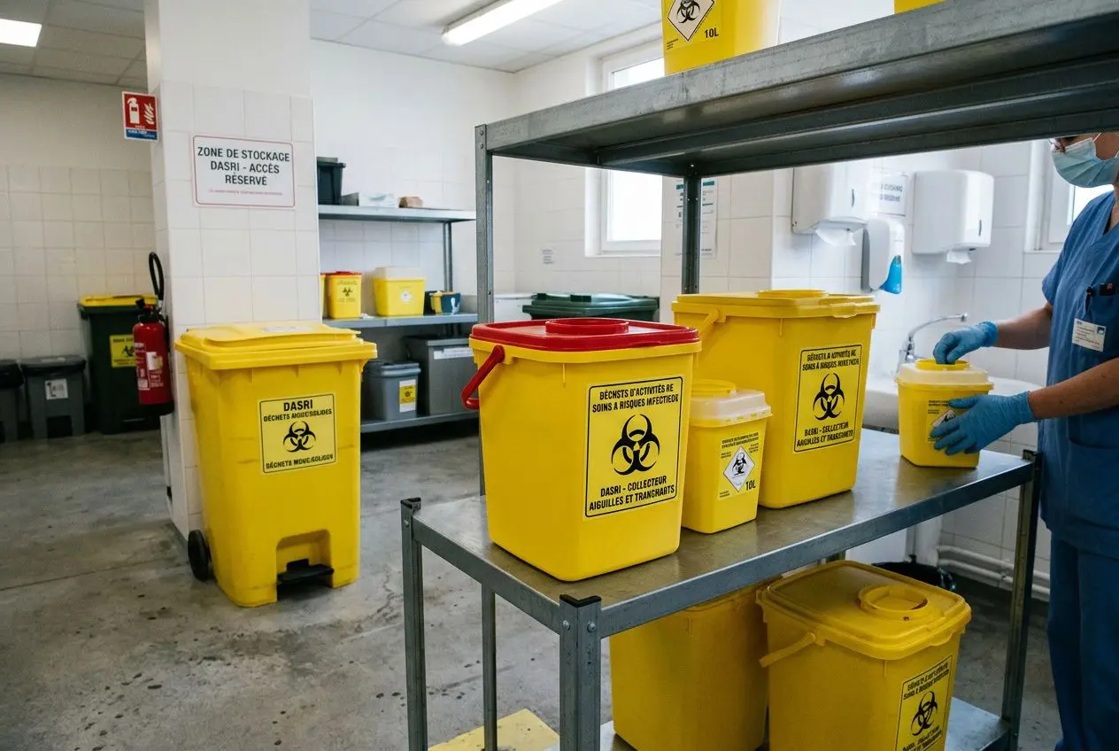 Personne en blouse bleue manipulant des DASRI jaunes et des contenants à déchets d’activités de soins à risques infectieux dans une salle propre.