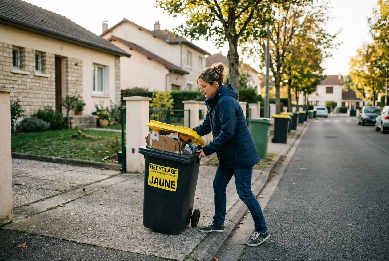 Personne poussant une poubelle jaune sur le trottoir, ouvrant le couvercle pour sortir les déchets. Integrer le mot-clé: comment positionner la poubelle jaune.