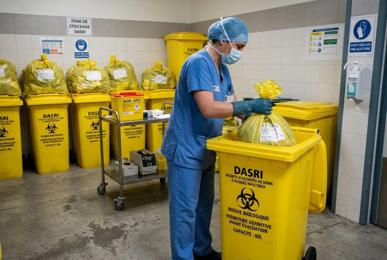 Personnel médical en bleu déplace un DASRI jaune, déchets d’activités de soins à risques infectieux, dans une zone de tri avec plusieurs containers similaires. Différence entre un DAS et un DASRI évoquée par le contexte.